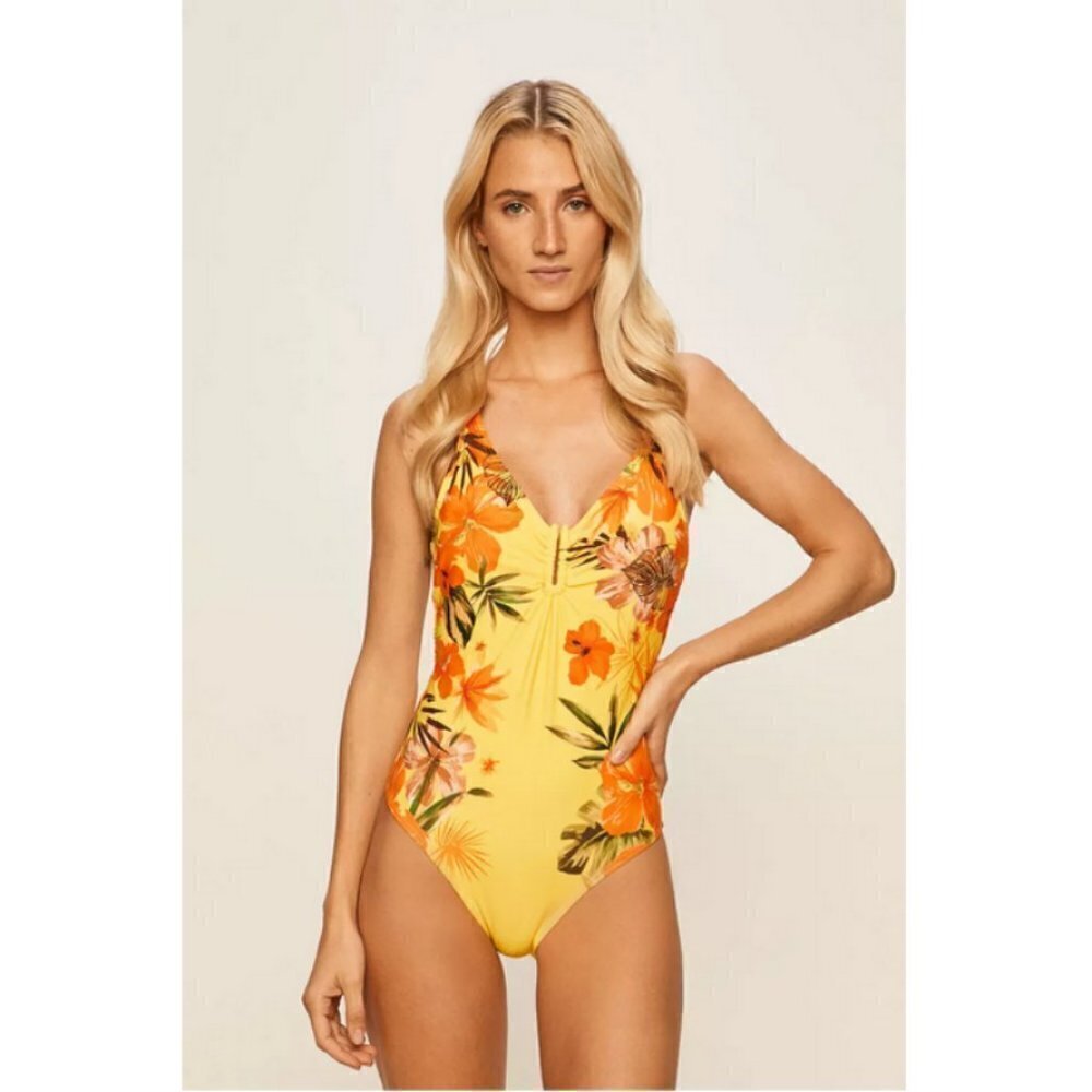 💕DESIGUAL💕 Cancun One Piece Swimsuit ~ Tropical Yellow Floral Pattern NWT
